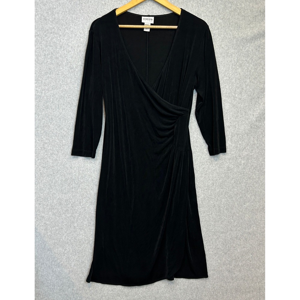 Chico's Travelers Midi Dress Black Faux Wrap Ruched V-Neck Slinky Size 1 /‎ M